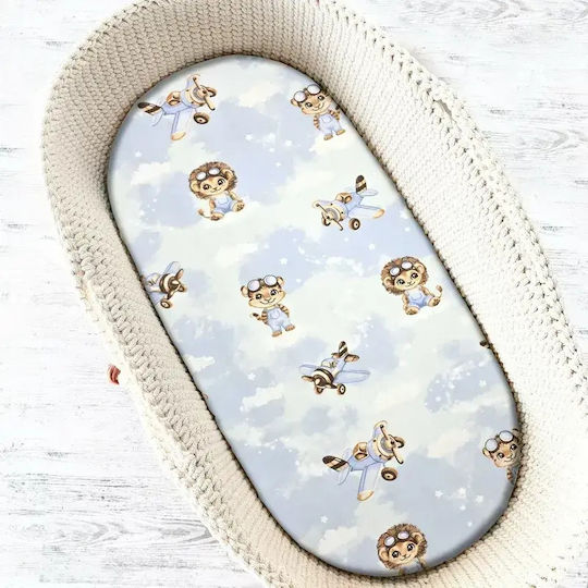 Qmini Set Lenjeri De Patut Bebe Pentru Cradle Din Bumbac Cu Cauciuc Albastru Deschis 80x35cm