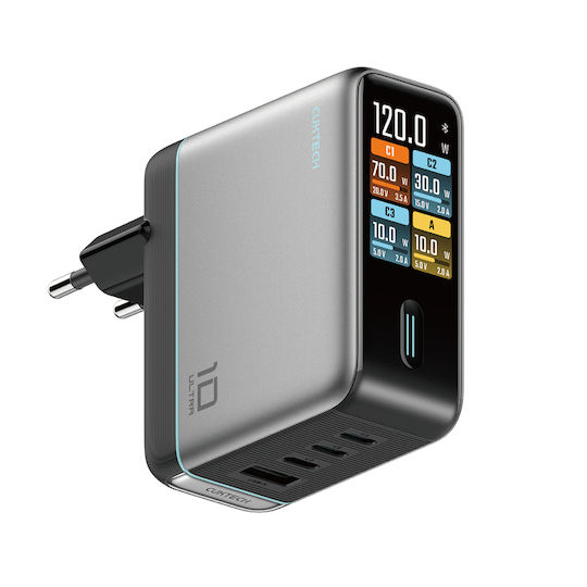 Cuktech Φορτιστής με Θύρα USB-A και 3 Θύρες USB-C και Καλώδιο USB-C 120W Ασημί (AD1204U)