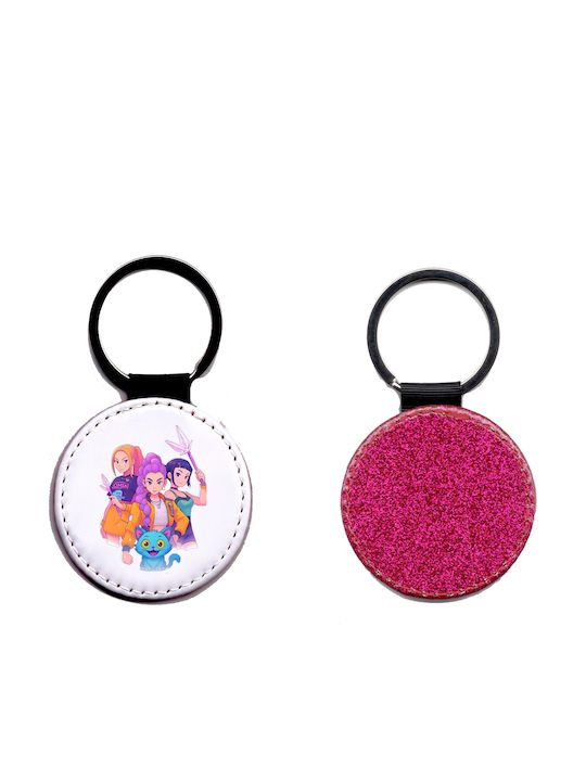 Leather Round Keychain Kpop Demon Hunters Glitter Fuchsia
