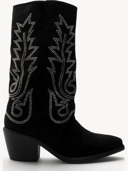 Black Western Suede Boots with Strass Low Heel