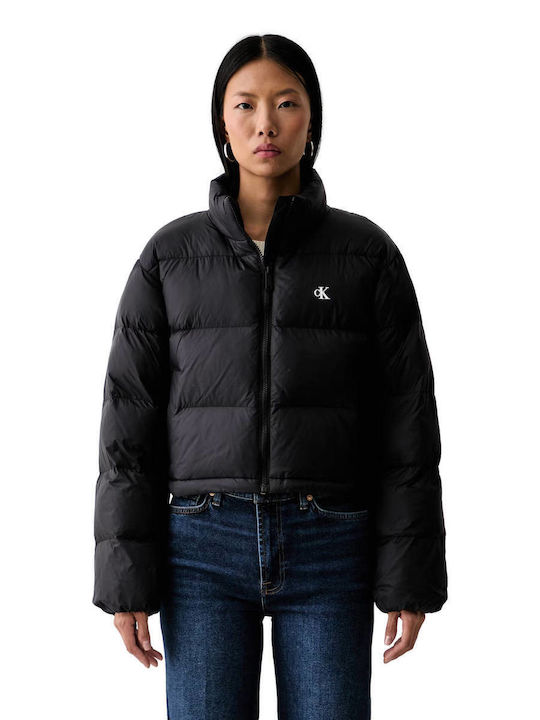 Crop Дамско Puffer Яке за Зима Черно