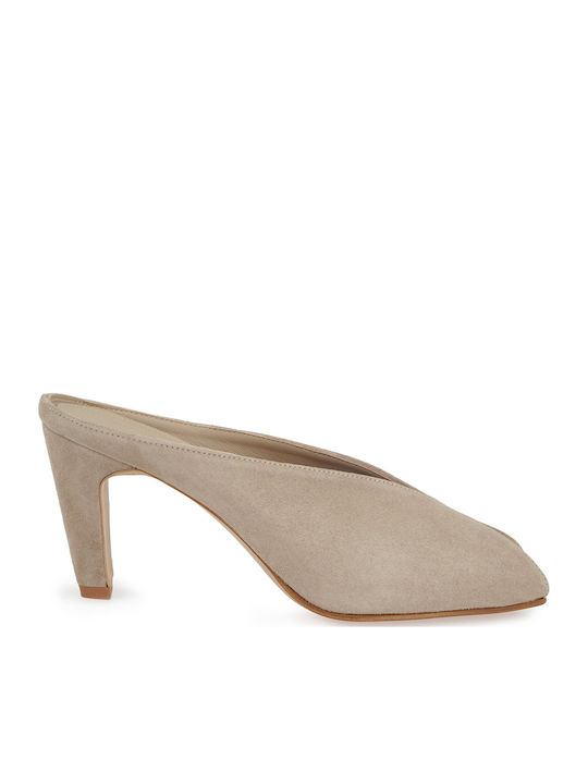Suede Mules With High Heel In Beige Colour
