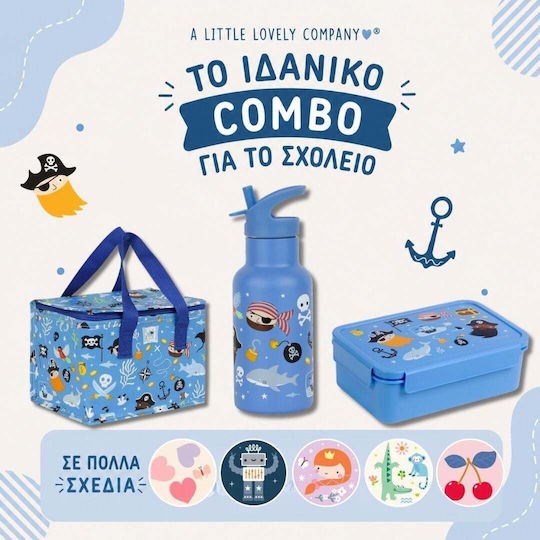 A Little Lovely Company Bento Stainless Steel Kids Water Bottle Set Pirates Thermos with Straw Silver 350ml