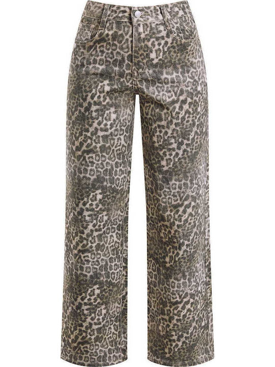 Celestino Γυναικείο Τζιν Wide-leg Λεοπάρ Loose Fit Καφέ