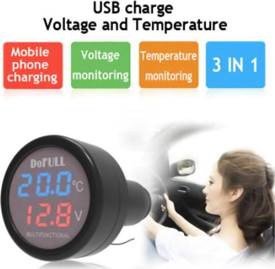 Multifunctional Car Device 3 In 1 USB Charging Voltmeter Thermometer Ez3231