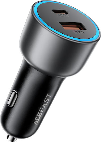 Acefast Автомобилен Зарядно Устройство 75W 3A Бързо Зареждане с Портове 1xUSB 1xType-C с Type-C Кабел Сив Цвят