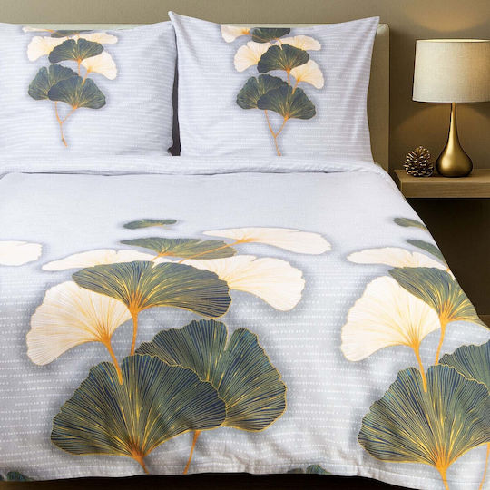 Darymex Cotton Duvet Cover Set 140x200cm Single With Pillowcase Light Grey With Leaves