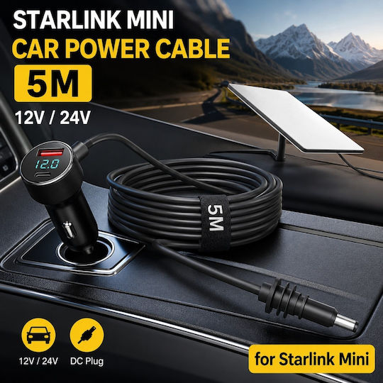 Starlink Mini Car Cigarette Lighter Power Adapter 5m 12v/24v Dc Usb-c Pd 35w Usb-a 30w Digital Voltage Display Cable 2m 12-8710