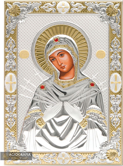 Дева Мария Ептаспати Епъргирена Икона Ситопечат Дърво 13.5 X 17.5 Cm 5.3 X 6.9 In