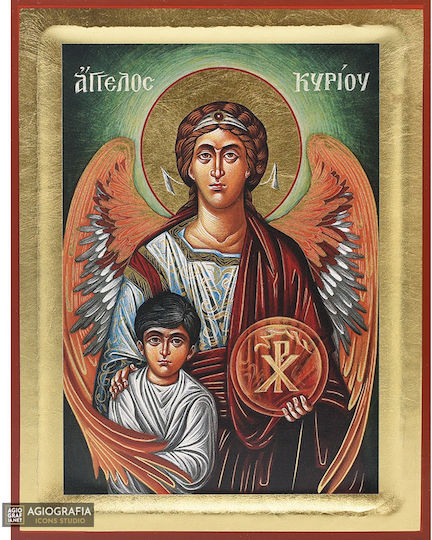 Guardian Angel Icon Traditional Screen Printing Wood Handmade Background 18k Gold Leaf 18 X 25 Cm 7.1 X 9.8 In