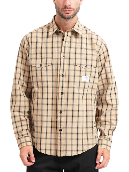Long Sleeve Cotton Overshirt In Regular Fit Checked Black-Beige