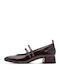 Spitze Pumps aus Lackleder mit Riemen & Niedrigem Absatz Braune