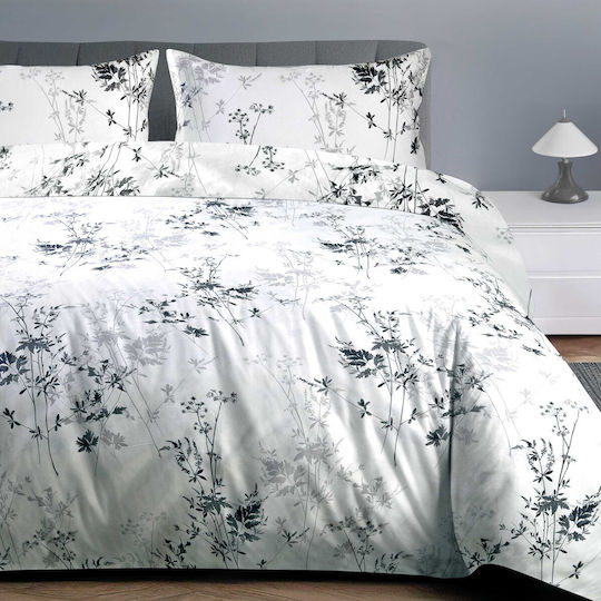 Darymex Set Husă de Pilotă din Bumbac cu Model Floral 180x200cm pentru Pat de o Persoană și Jumătate cu Față de Pernă Gri