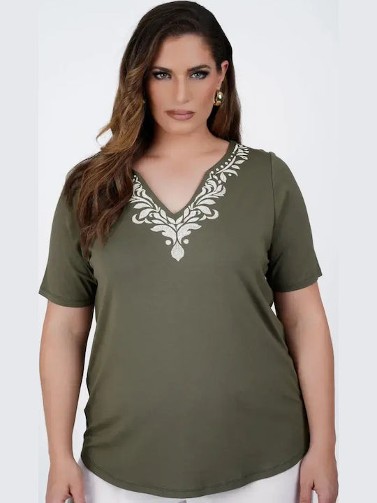 Damen Bluse Kurzärmelig mit V-Ausschnitt Olivgrün