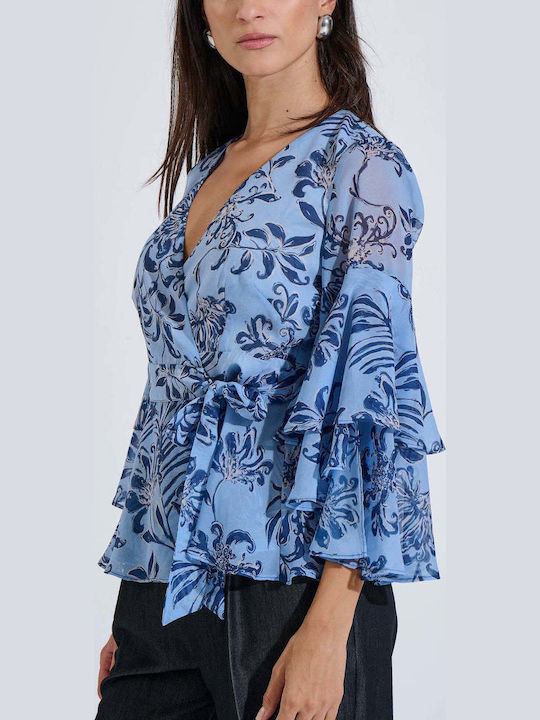 Damenbluse mit 3/4 Ärmel & V-Ausschnitt Blumen Muster Hellblau