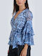 Damenbluse mit 3/4 Ärmel & V-Ausschnitt Blumen Muster Hellblau