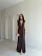 Summer Maxi Evening Shirt Dress Satin Open Back Brown