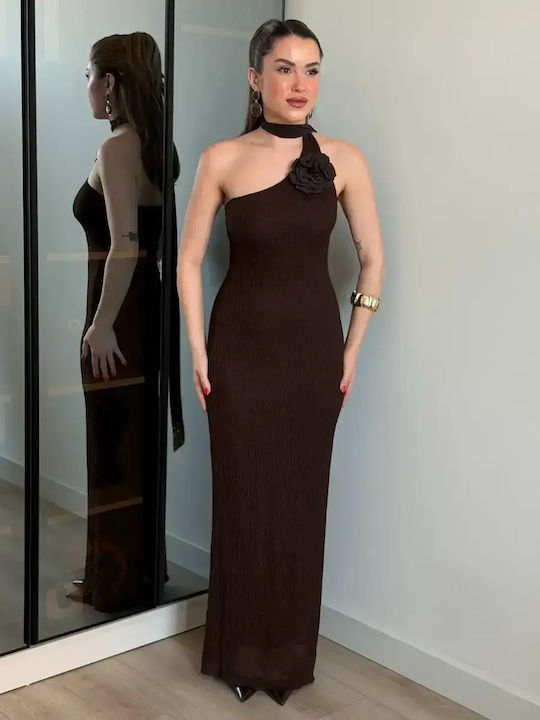 Summer Maxi Evening Slip Dress with Lace Brown