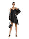 Summer Mini Evening Satin Slip Dress with Lace Black