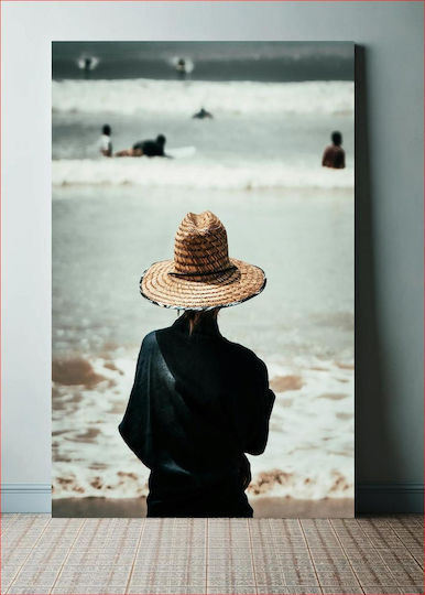 Панел Woman Observing Surfers At Beach Жена Наблюдава Сърфисти На Плажа 115x170