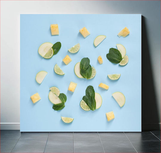 Πίνακας Fresh Fruit Mint On Blue Background Φρέσκα Φρούτα Μέντα Μπλε Φόντο 110x110