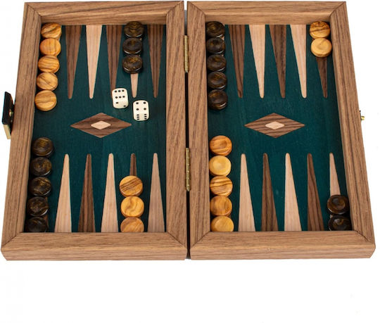 Manopoulos Walnut Wooden Checkers & Dice for Backgammon Handmade Green / Brown 20cm