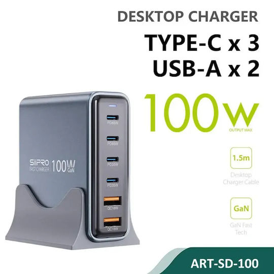 SiiPro SiiPro Handyladegerät mit 2 USB-A Ausgangsanschlüsse und 4 USB-C Ausgangsanschlüsse 100W Stromlieferung in Grau Farbe (SD-100)