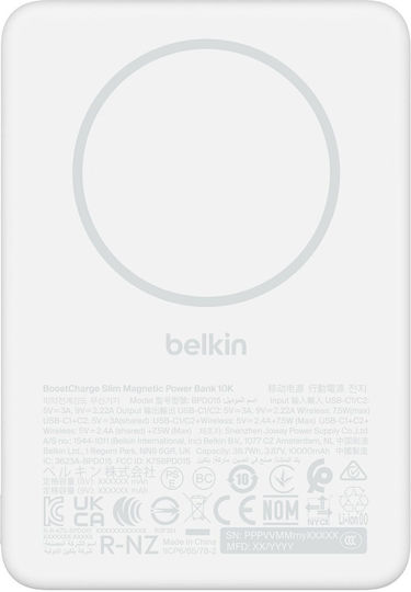 Belkin BoostCharge Slim MagSafe Power Bank 7500mAh 7,5W mit 2 USB-C Ausgangsanschlüsse Weiß