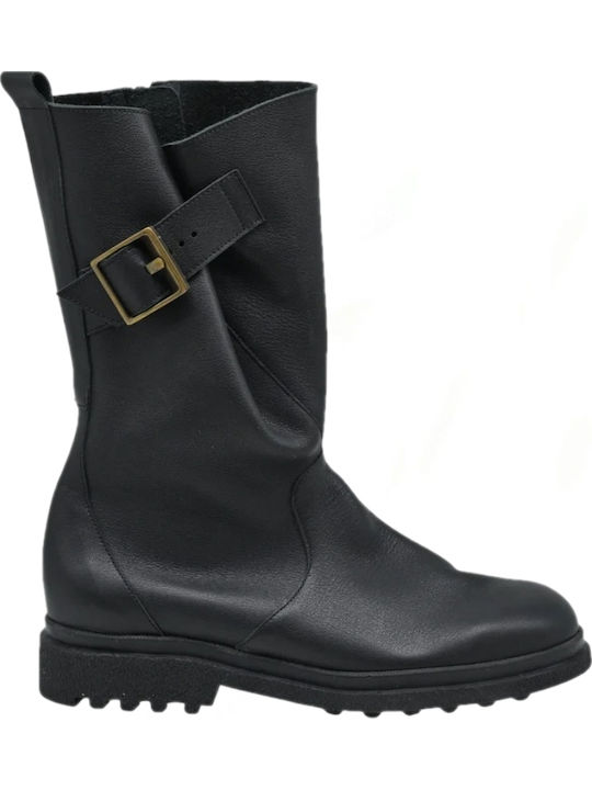 Leder Damen Biker-Stiefel Schwarz