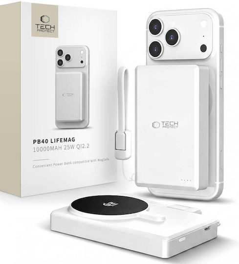 Tech-Protect PB40 LifeMag MagSafe Qi2 Baterie Externă 10000mAh 45W cu Port USB-C Alb