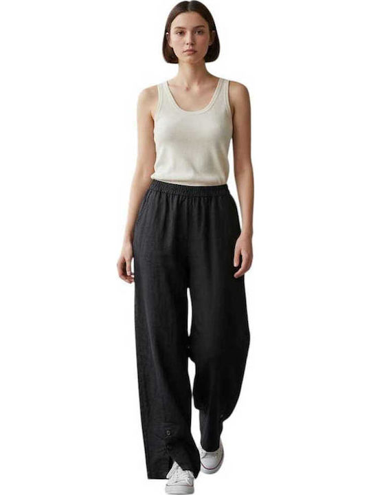 Damen Leinen Pantaloons mit Gummiband in Lose Passform Schwarz