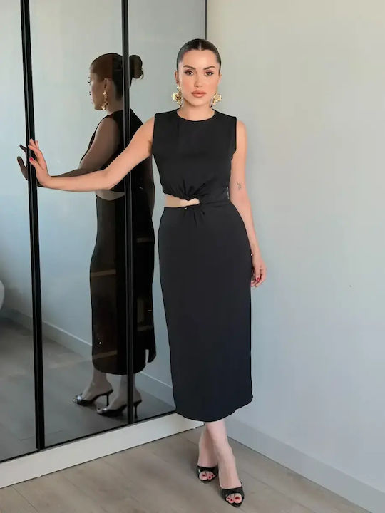 Summer Midi Evening Satin Dress with Slit Black