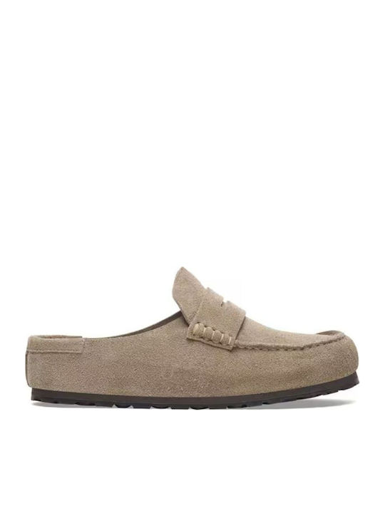 Heel Enclosed Leather Winter Men's Slippers Beige