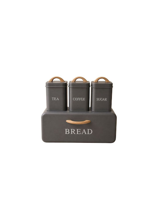 Set of 4 Grey Metallic Bread Box 3 Boxes Tea Coffee Sugar 35x21x20cm 11x11x14cm