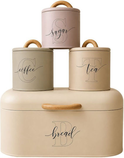 Set of 4 Cream Metallic Bread Box 3 Boxes Tea Coffee Sugar 32x15x16cm Φ11x13cm