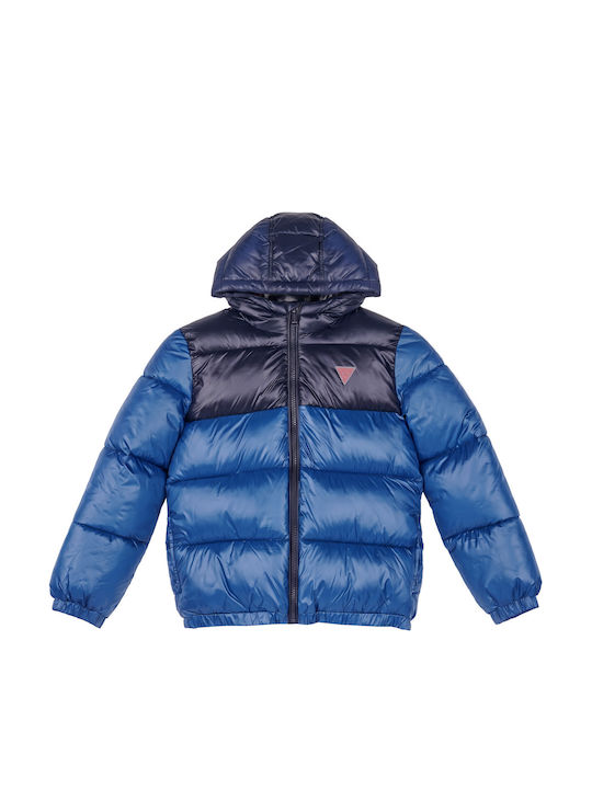 Guess Kids Quilted Short Hooded Blue Jacket