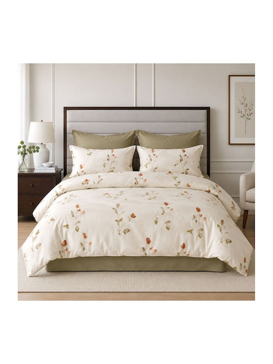 Pucioasa Set Huse Pentru Pilote 200x220cm Dublă Cu 2 Fețe De Pernă & 1 Cearșaf Flori Culoarea Cărămizii