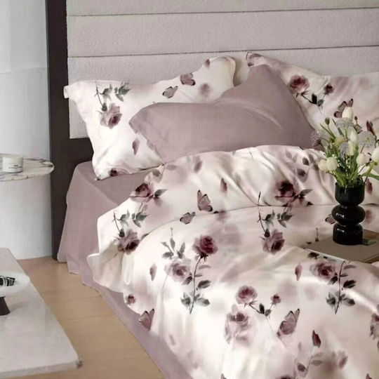 Pucioasa Set Huse Pentru Pilote 200x220cm Dublu Cu 2 Fețe De Pernă & 1 Cearșaf Roses And Butterflies
