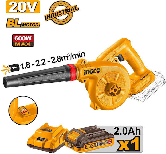 Ingco Handgeblasener 20V mit 1 Batterie 2Ah und Lautstärkeregelung mit Maximaler Luftgeschwindigkeit 259.2km/h