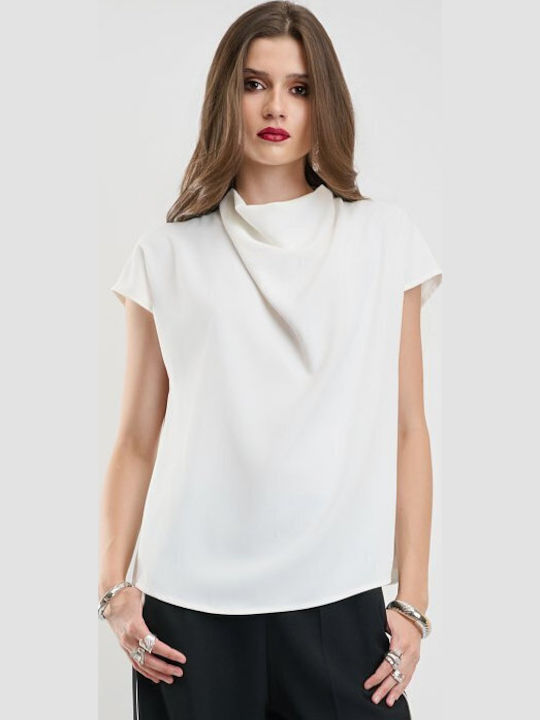 Damen Bluse Kurzärmelig Drapierung Ecru