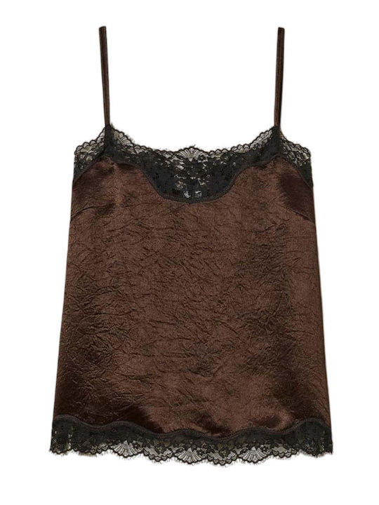 Women's Satin Sleeveless Brown Blouse