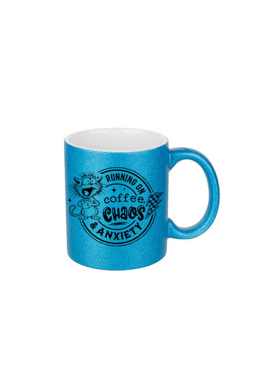 White Ceramic Mug 330ml Glitter Blue Running On...