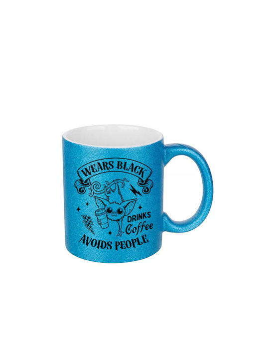 White Ceramic Mug 330ml Glitter Blue Wears Blac...