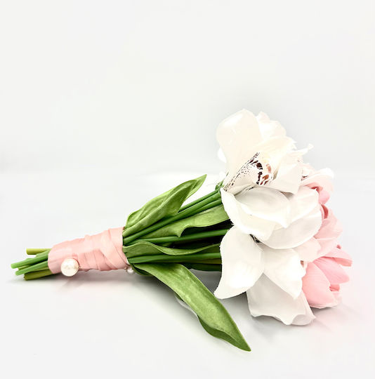 Buchet Orhidee și Lalele Roz Decorative Flori și Plante Artificiale Brosă Perle 70cm L133 Riniotis Rin-l133
