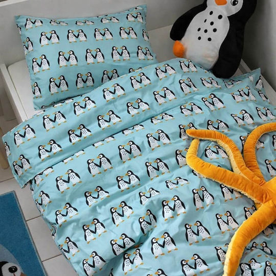 Astron Italy Σετ Σεντόνια Μονά Βαμβακερά Penguins Aqua 175x260cm 3τμχ
