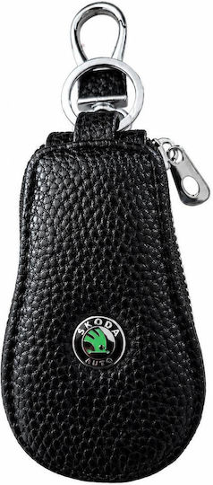 Husă Premium pentru Cheie Auto Skoda din Piele Ecologică Elegantă cu Inel Metalic Neagră