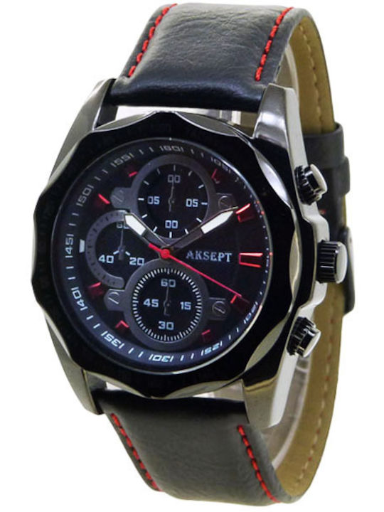 Aksept Мъжки Часовник 42mm На Батерия с Черна Кожена Каишка