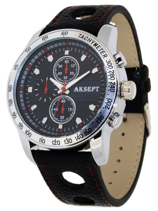 Aksept Мъжки Часовник 46mm На Батерия с Черна Кожена Каишка