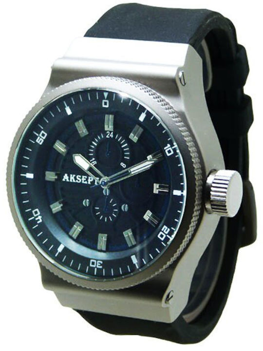 Aksept Мъжки Часовник 48mm На Батерия с Черна Каучукова Каишка