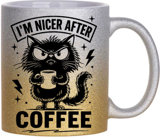 Digital Place Glitter Gold Silver I'm Nicer After Coffee White Ceramic Mug 330ml